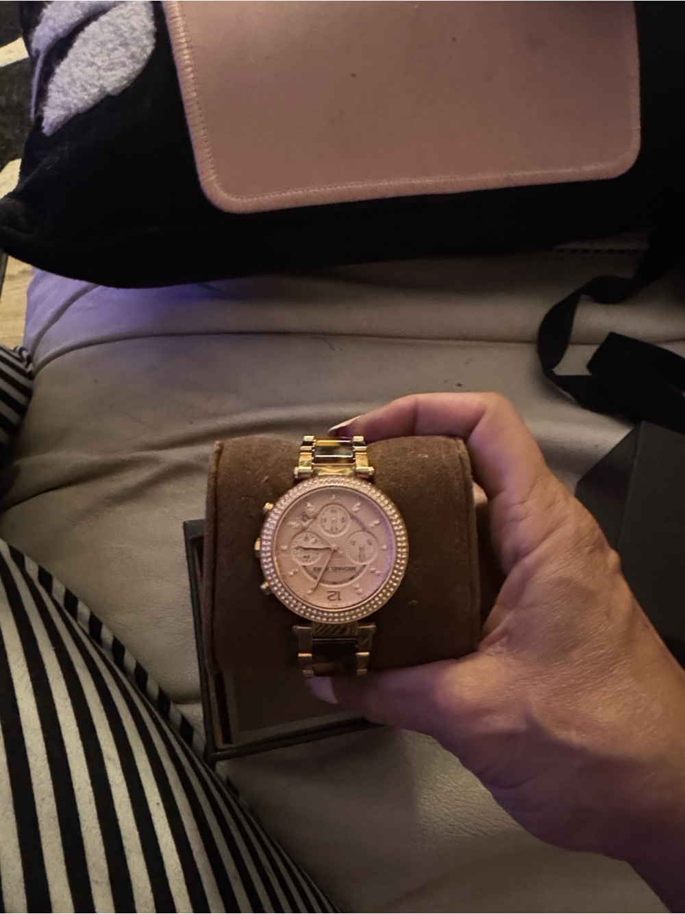 Michael Kors Gold Tone Pink Dial Crystal-Accent Watch